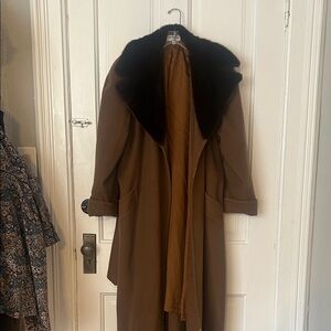 Classic Brown Long Vintage Coat with Dark Fur Collar